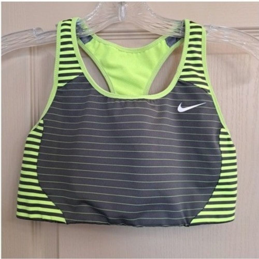 Nike Dri-FIT Sports Bra Womens Medium Grey Neon Lime Green Striped Racerback